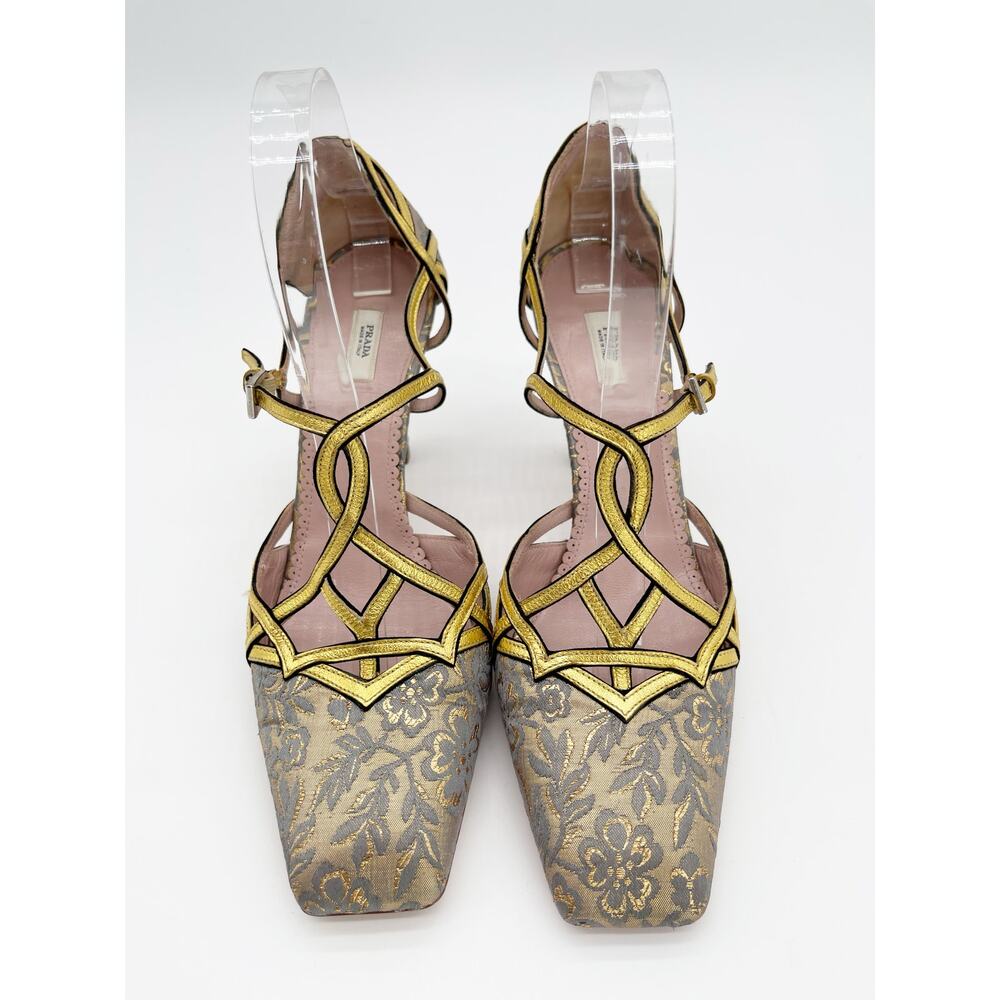 Prada Vintage Gold Floral Brocade Retro Baroque Strappy Square Toe Heels IT 40 - Picture 6 of 11